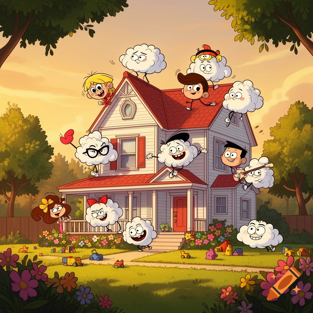 Cartoon image of a house with several anthropomorphic cloud characters and children playing around it at sunset, surrounded by flowers and toys.