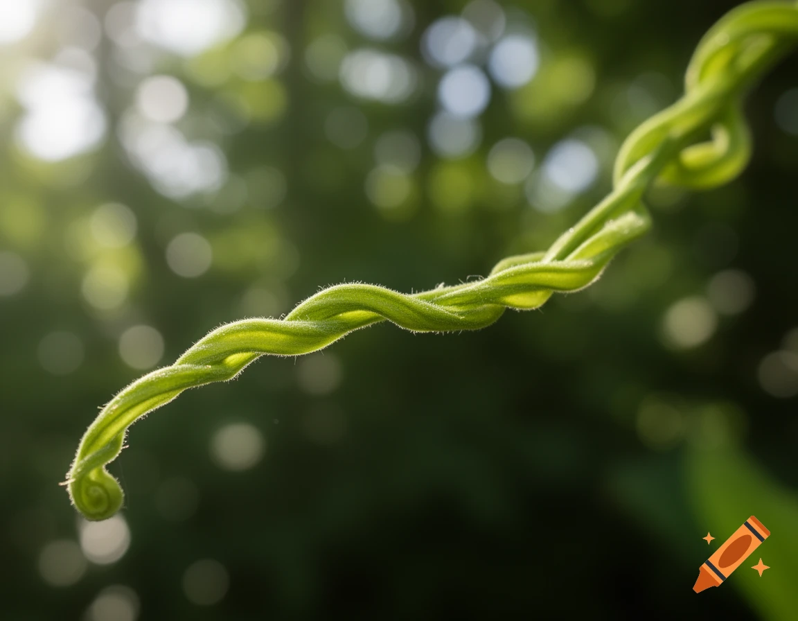Close-up macro shot of a vibrant green, twisting plant tendril against a blurred green background with bokeh lights.