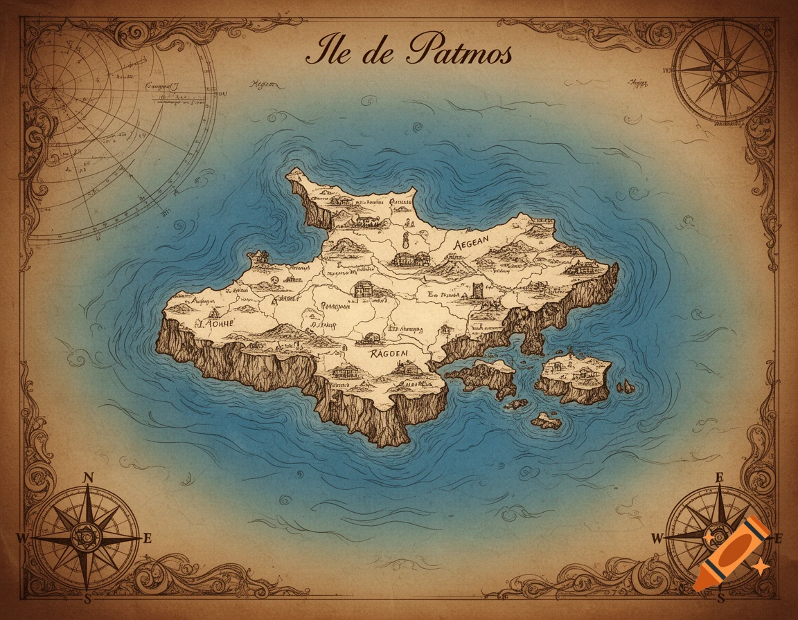 An antique-style illustrated map of the island of Patmos, featuring intricate borders, compass roses, and detailed land masses surrounded by blue water.