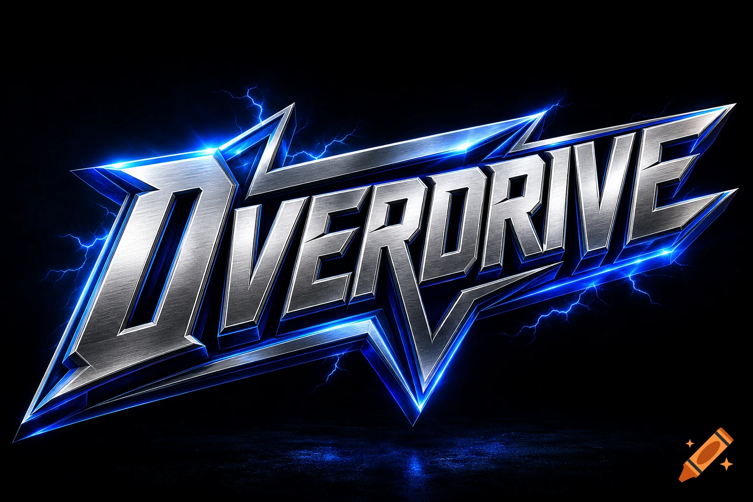 A metallic silver and electric blue 3D logo spells "OVERDRIVE" with sharp geometric angles and lightning effects on a dark background.