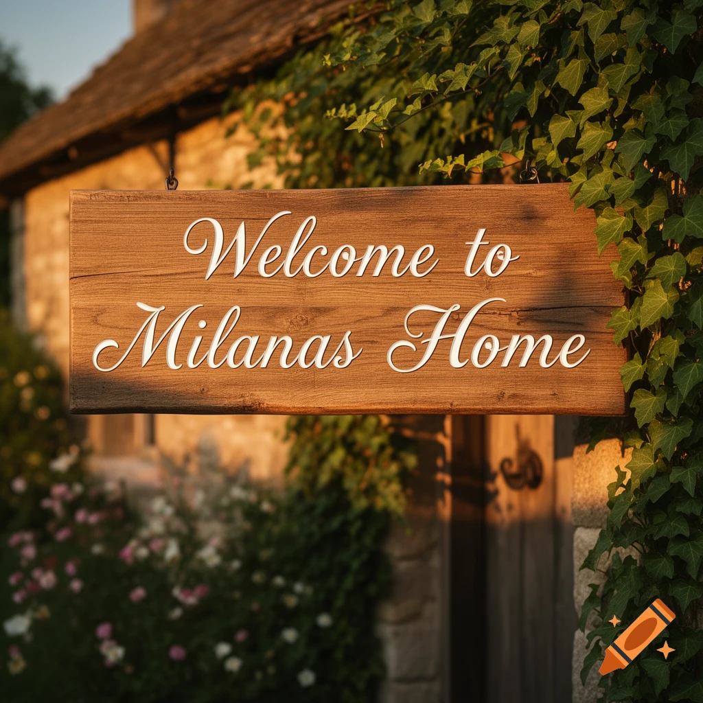 A rustic wooden sign reading "Welcome to Milanas Home" hangs on a stone house covered in ivy, bathed in warm sunlight.