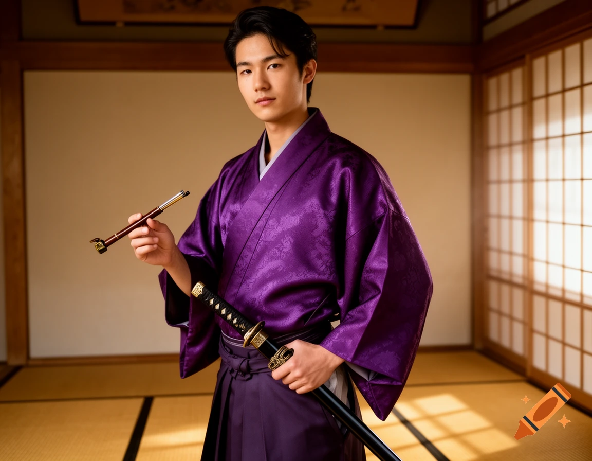 A young man in a purple kimono and hakama holds a kiseru pipe and a wakizashi in a traditional Japanese room with tatami mats.