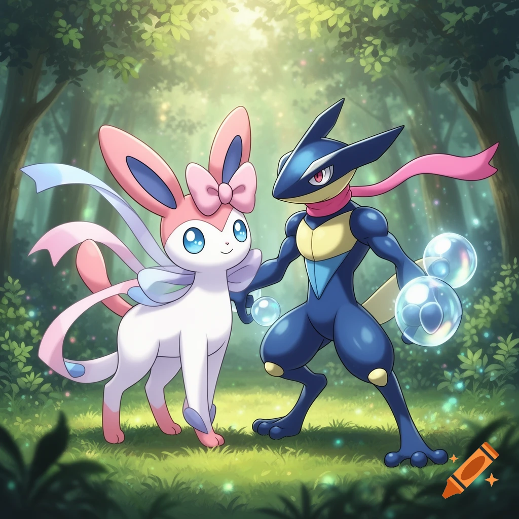 Sylveon and Greninja stand together in a vibrant, sunlit forest, surrounded by glowing particles.
