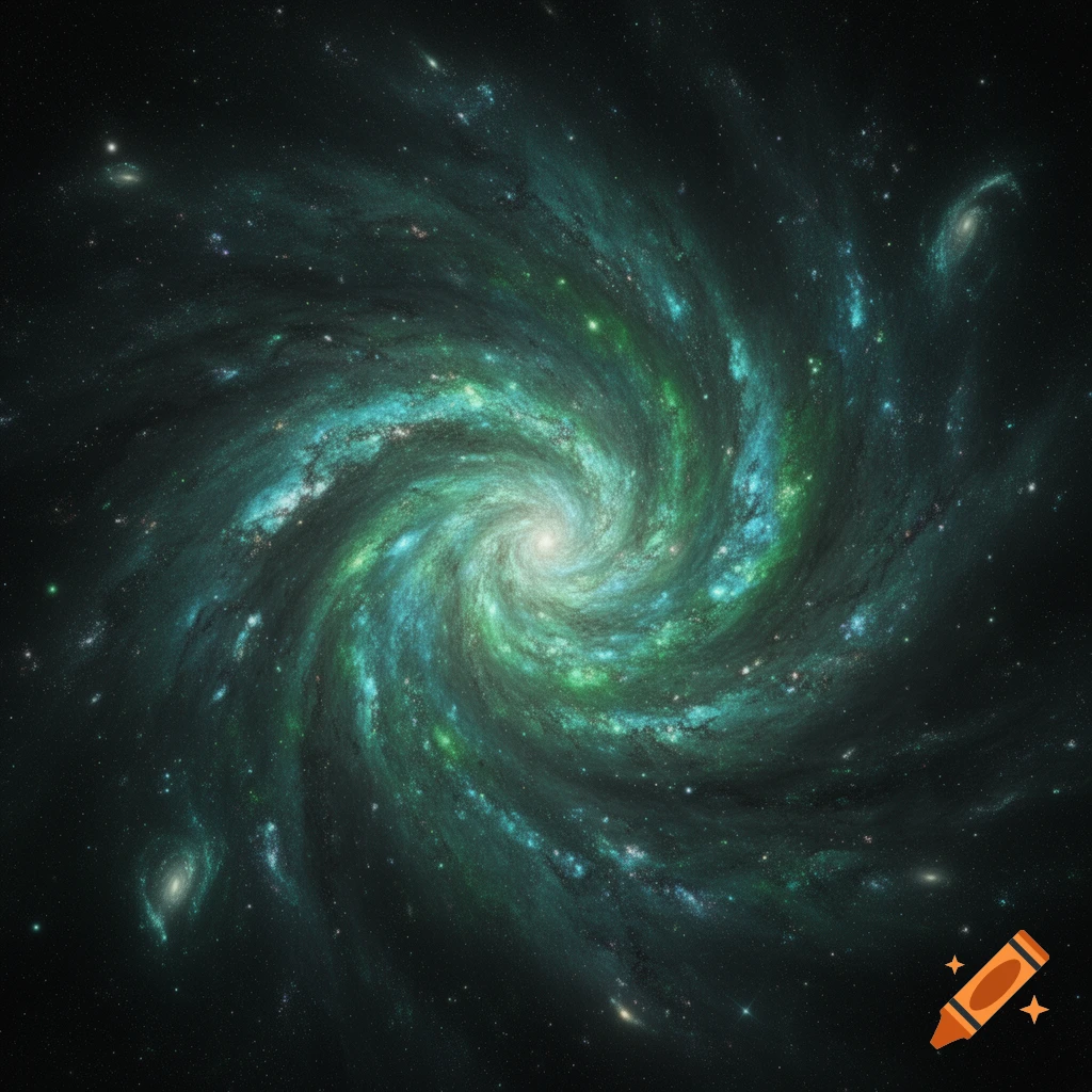 A vibrant green and cyan spiral galaxy with a bright core against a dark starfield.