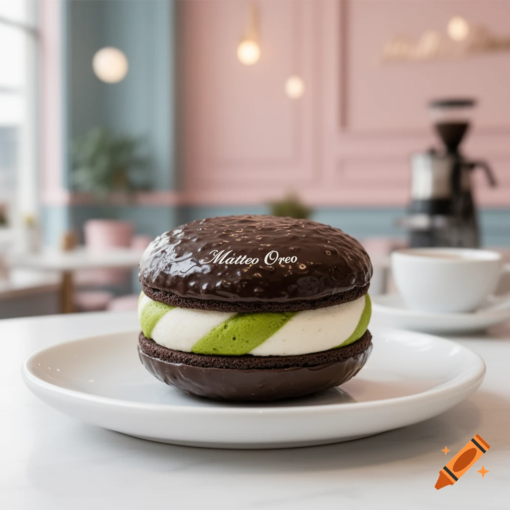 A photorealistic image of a giant Matteo Oreo dessert on a white plate in a blurred cafe setting.