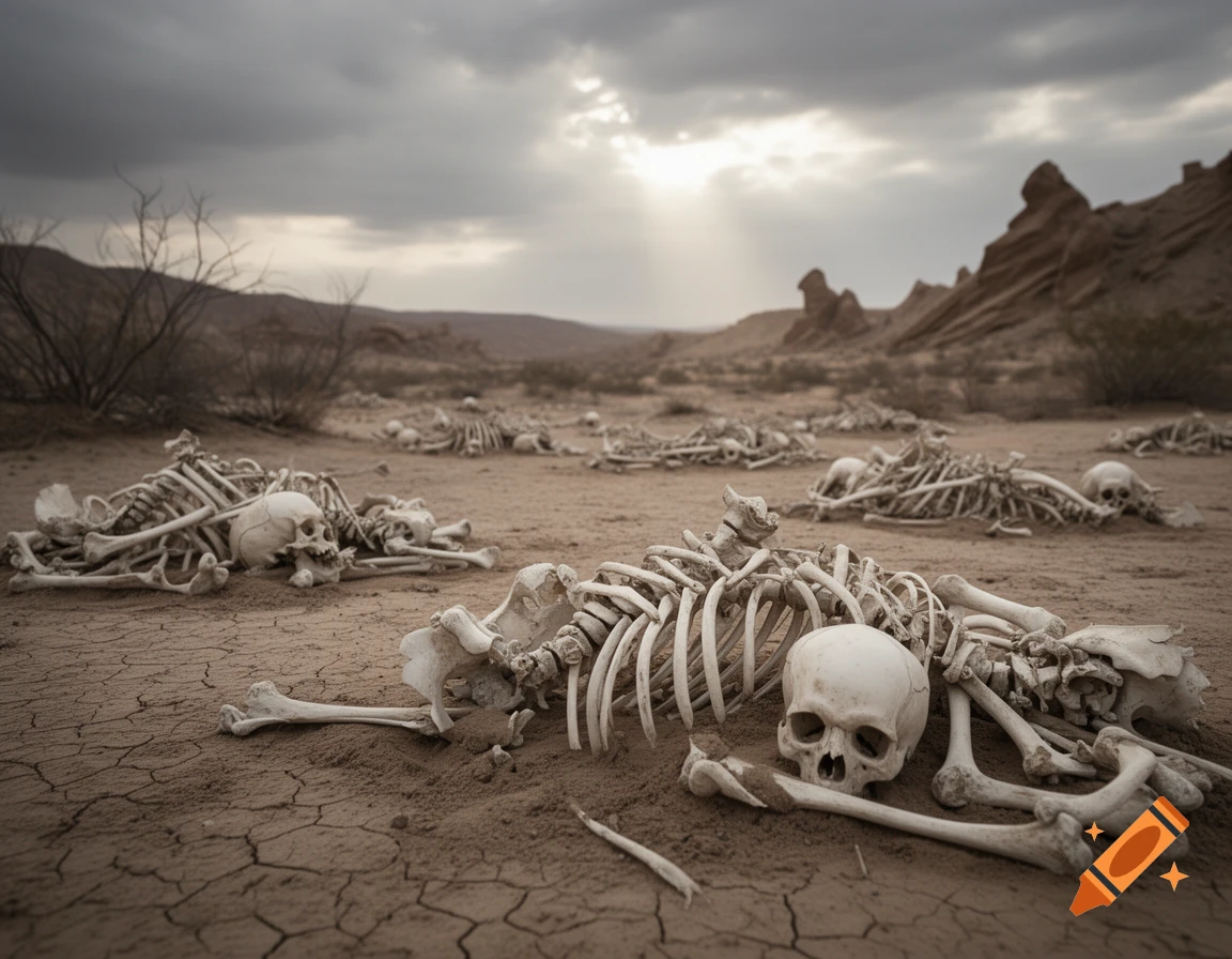 Photorealistic image of numerous human skeletons lying on dry, cracked earth in a desolate valley under a cloudy sky.