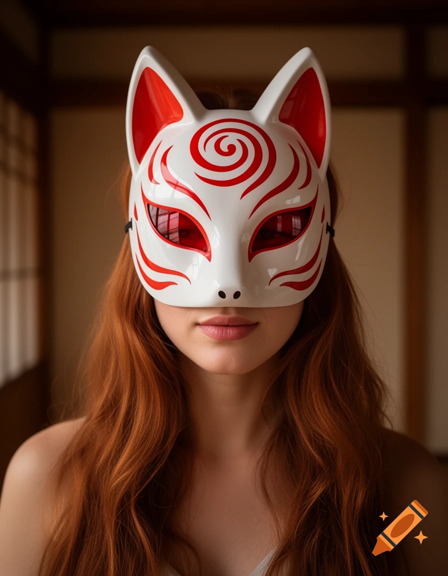A photorealistic portrait of a woman with long red hair wearing a glossy white Kitsune mask with red markings and deep red tinted lenses.