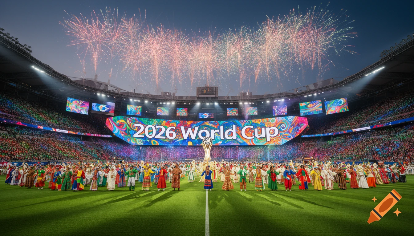 A vibrant 2026 World Cup opening ceremony with fireworks over a packed stadium, a trophy, and performers in colorful attire.