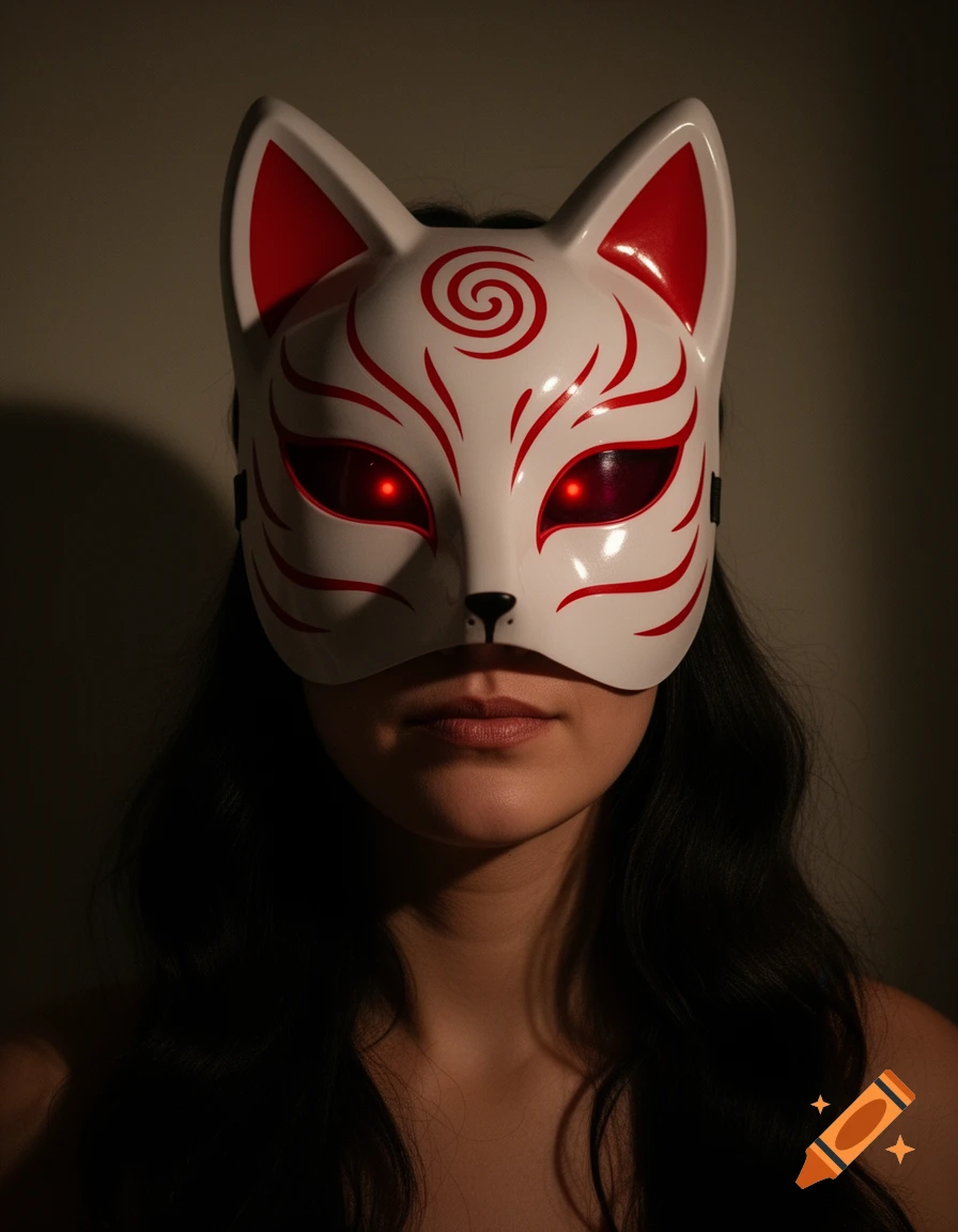 A person wears a glossy white kitsune mask with red markings and glowing red eyes, in dramatic low light.
