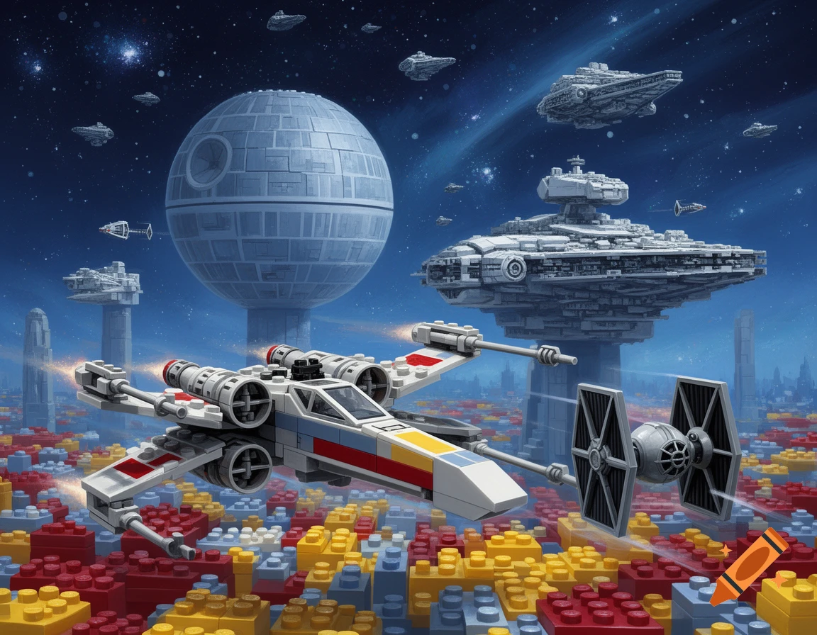 Lego Star Wars scene with an X-wing and TIE fighter above a colorful Lego brick landscape, with the Death Star and Star Destroyers in space.