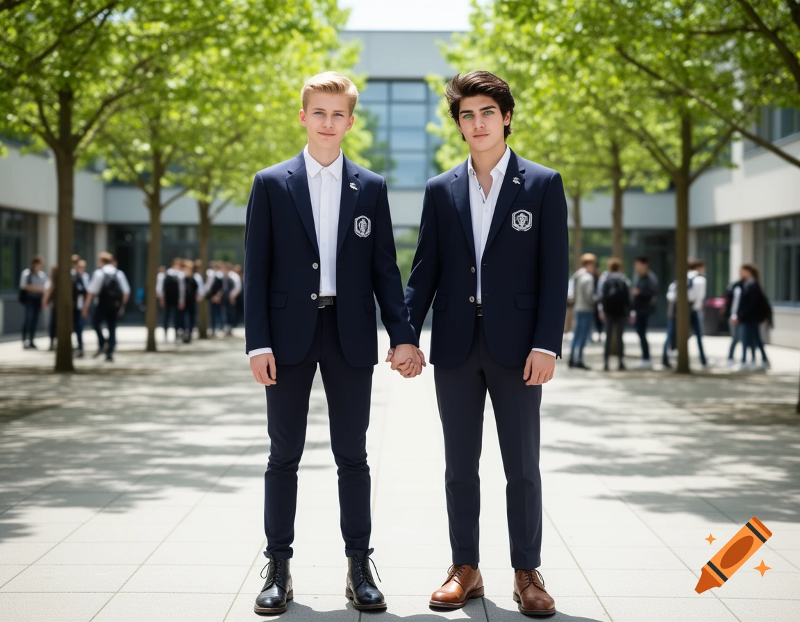 Two young men in school uniforms, one blonde, one dark-haired, holding hands on a sunny school campus.