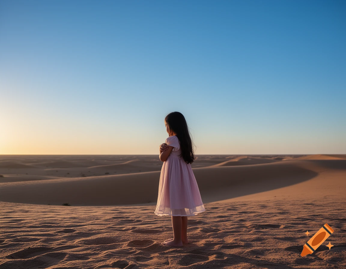 A young girl with long dark hair, wearing a light pink dress, stands barefoot in a vast desert landscape at sunset.