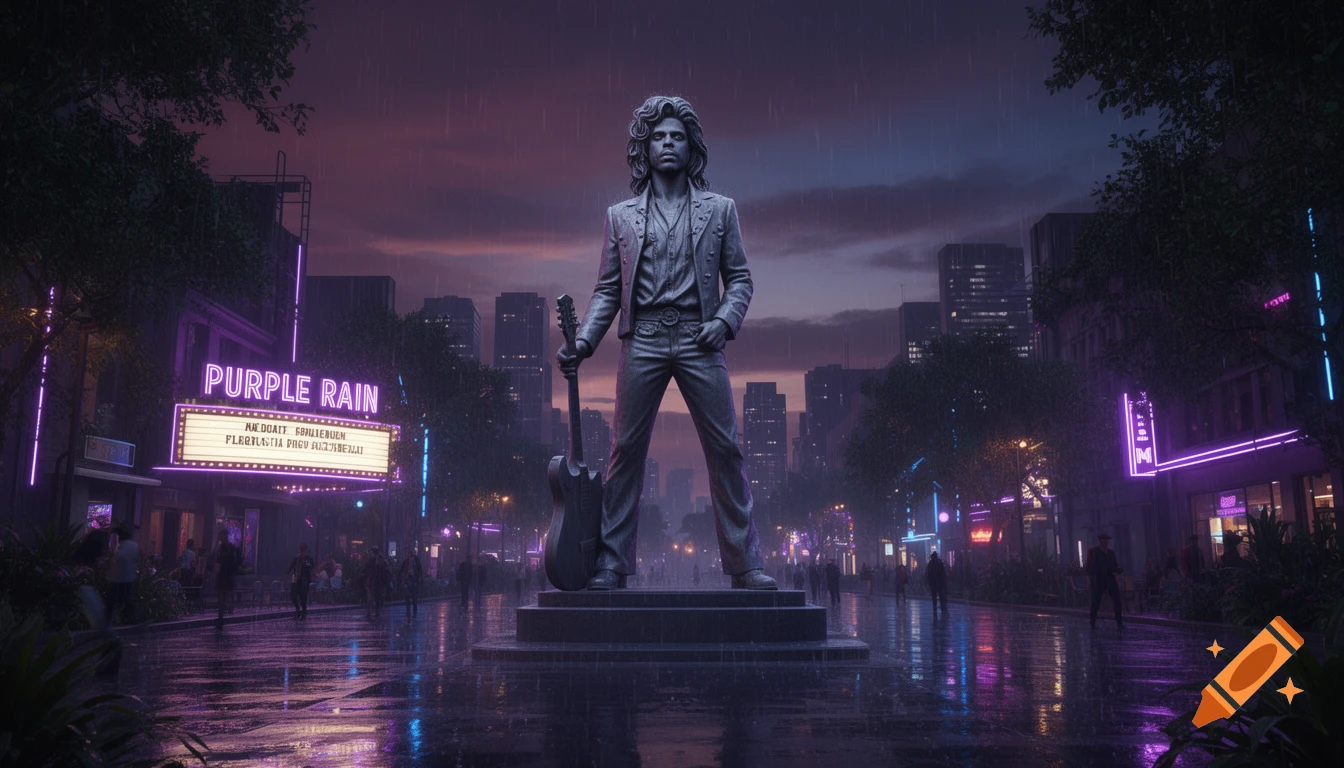 A large stone statue of Prince holding a guitar stands in a neon-lit, rainy city street at dusk, with a marquee sign for "PURPLE RAIN" nearby.