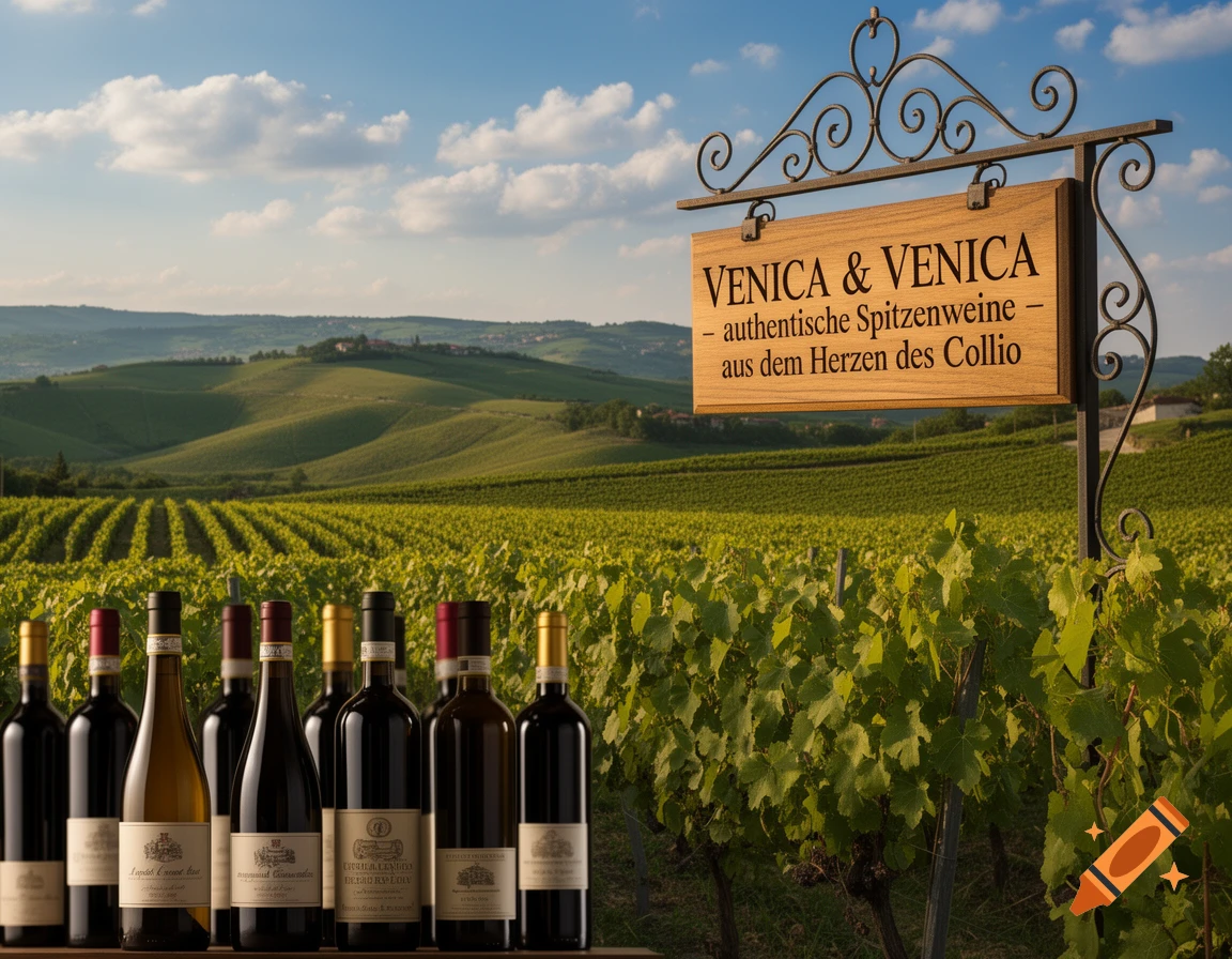 Photorealistic image of wine bottles and a 'Venica & Venica' sign in front of a sprawling vineyard landscape.