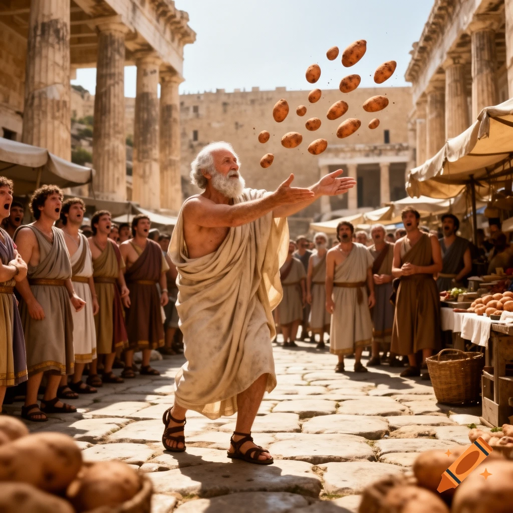 An old man in a toga, resembling Socrates, throws yams in an ancient marketplace with people and columns.