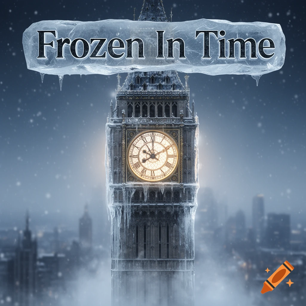 Big Ben covered in ice with a glowing clock face and falling snow, under an icy banner reading "Frozen In Time" as an album cover.