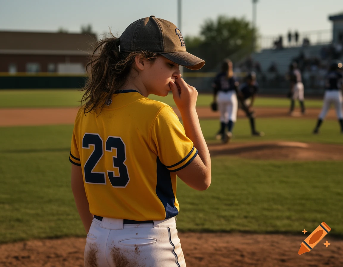 A young softball player in a yellow and blue jersey with number 23 and a brown cap picks her nose on a sunny field.