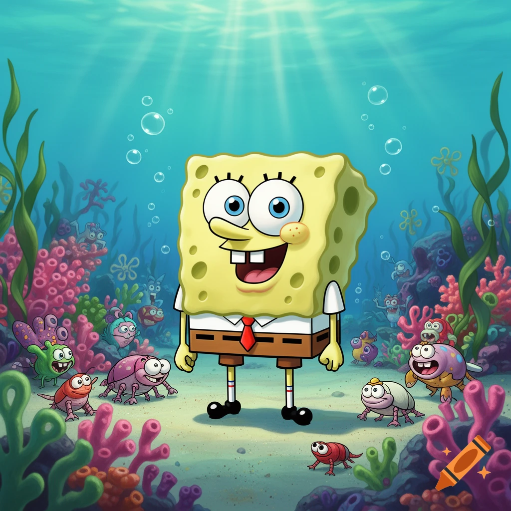 Spongebob Squarepants stands in a vibrant cartoon underwater scene with various colorful, whimsical sea creatures and coral surrounding him.