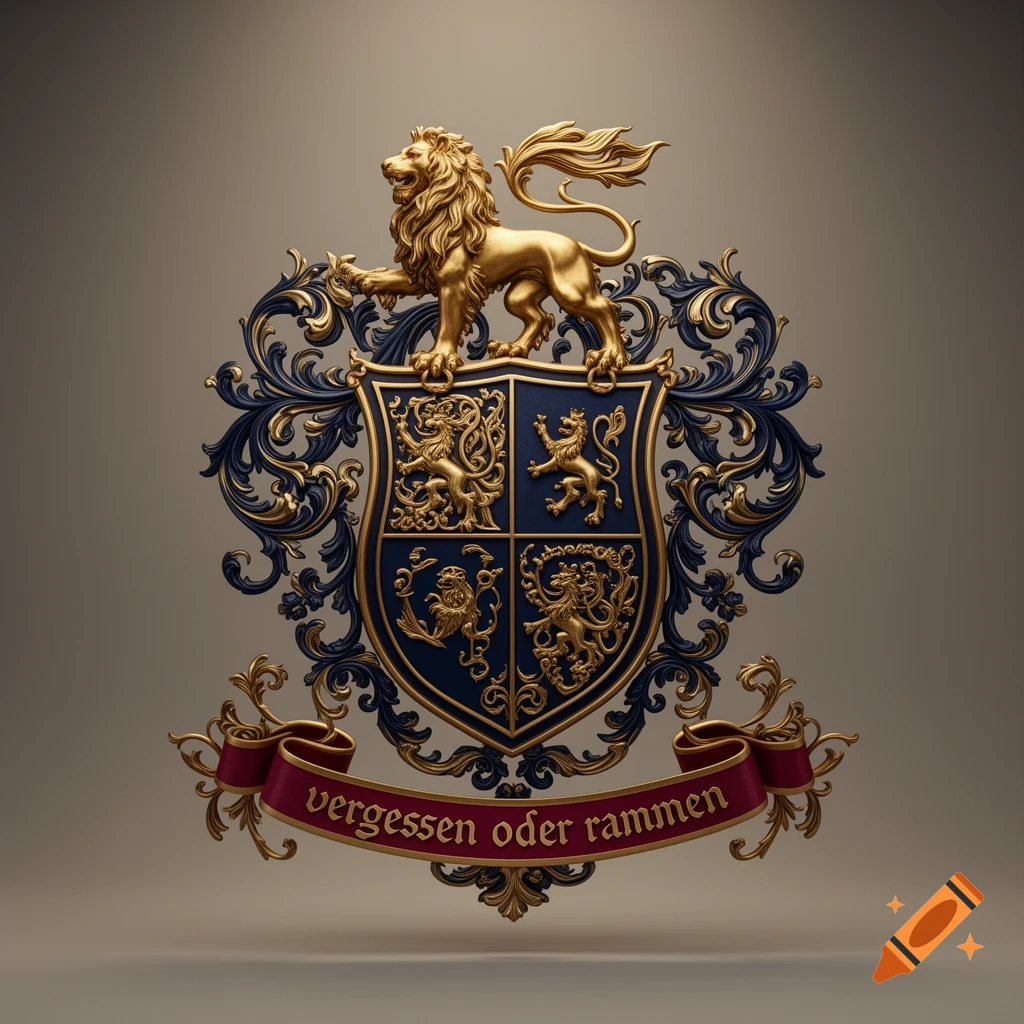 Ornate gold and blue coat of arms with a lion, shield, and a banner reading 'vergessen oder rammen'.