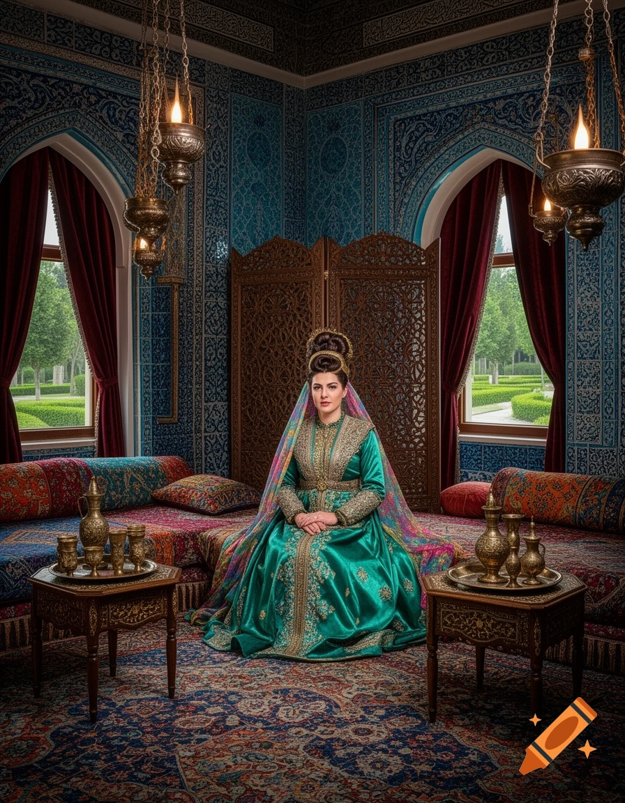A woman in an ornate green and gold Ottoman dress sits in a richly decorated chamber with patterned walls, rugs, and brass vessels.