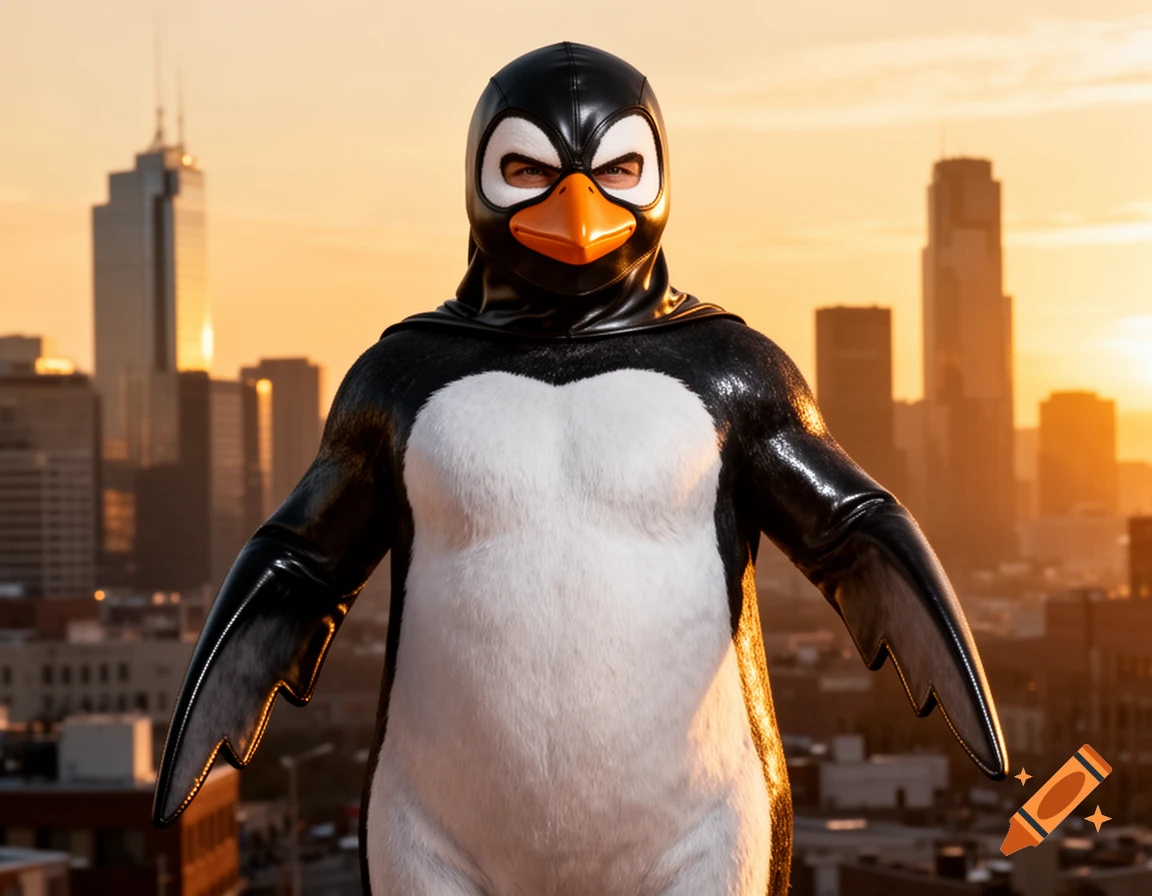 A person in a black and white penguin superhero costume with an orange beak stands on a rooftop against a glowing sunset cityscape.