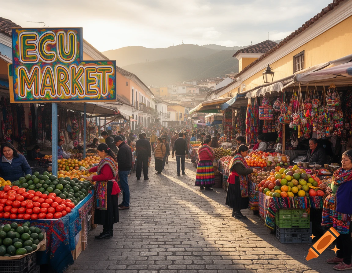 A vibrant street market scene with a prominent 'ECU MARKET' sign, stalls overflowing with colorful fruits and vegetables, and many people walking under a bright sky.