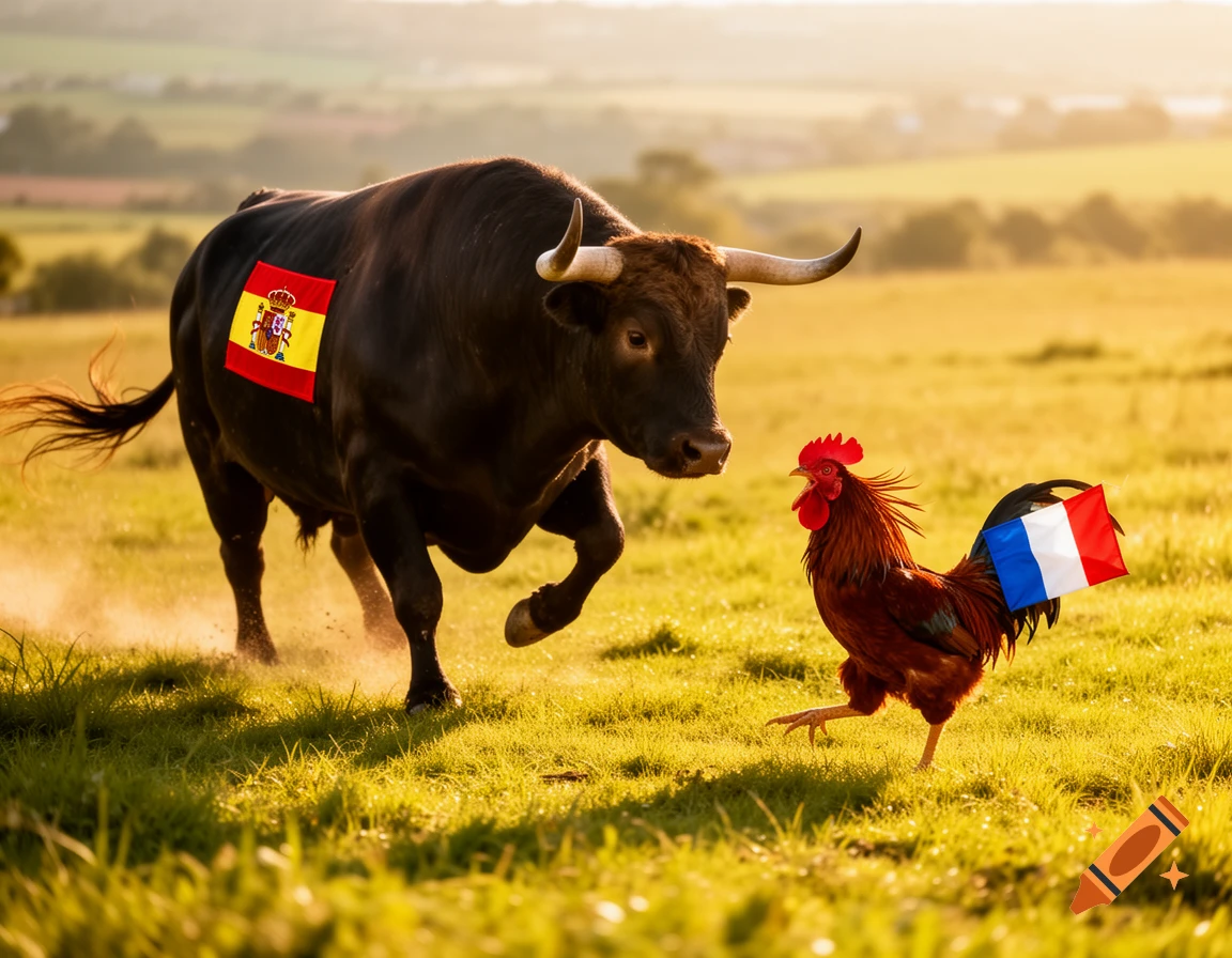 A bull with a Spanish flag on its side charges towards a rooster with a French flag on its tail in a sunny, grassy field.