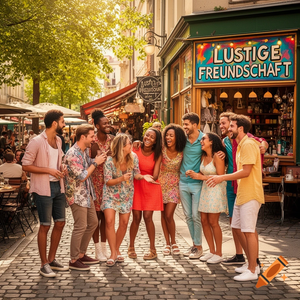 A diverse group of happy friends laughing and walking on a cobblestone street lined with shops under sunlight.