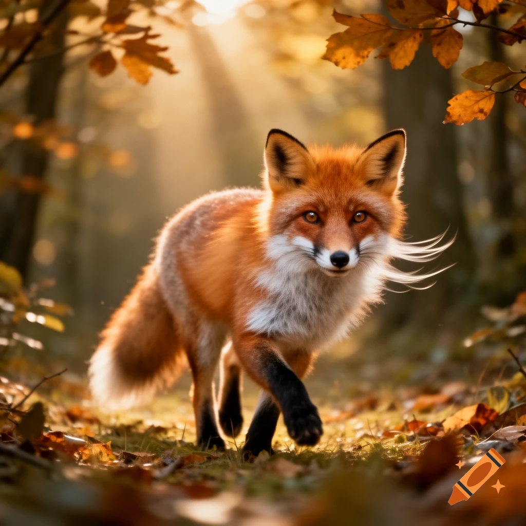 A red fox walks through a golden sunlit autumn forest with fallen leaves. Photorealistic.