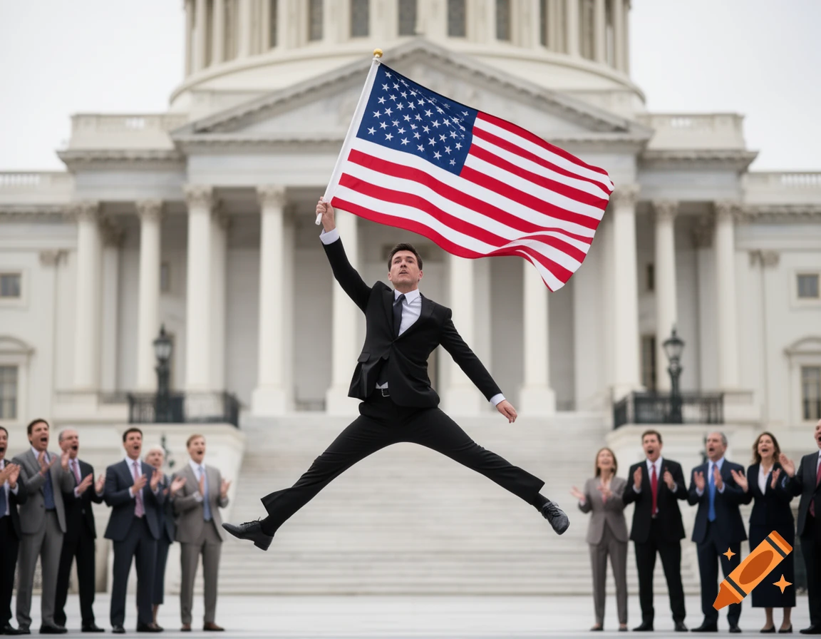 A man in a suit jumps high, holding a US flag, in front of a government building and a group of applauding people. Photorealistic.
