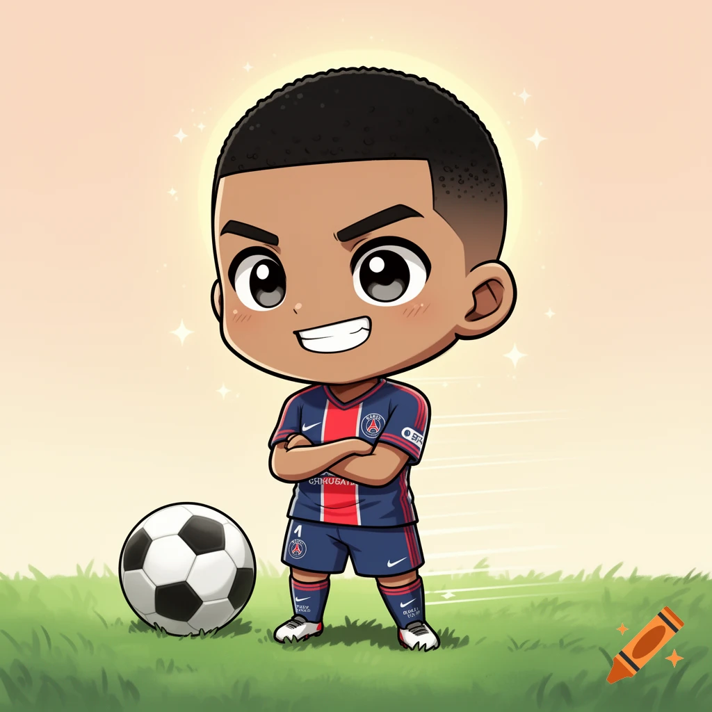 A chibi cartoon of a dark-skinned boy in a blue and red football jersey with crossed arms, standing next to a soccer ball on green grass.