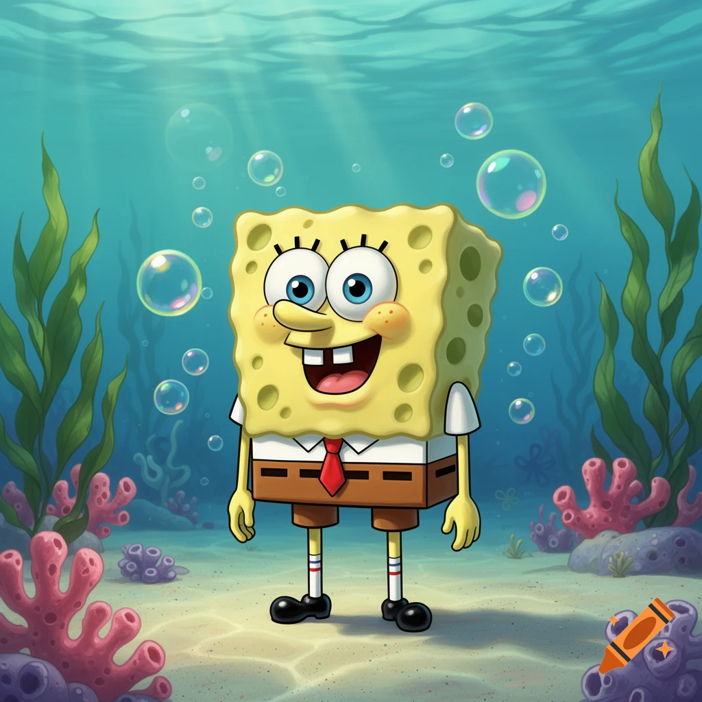 Spongebob Squarepants smiles underwater amidst bubbles, coral, and seaweed.