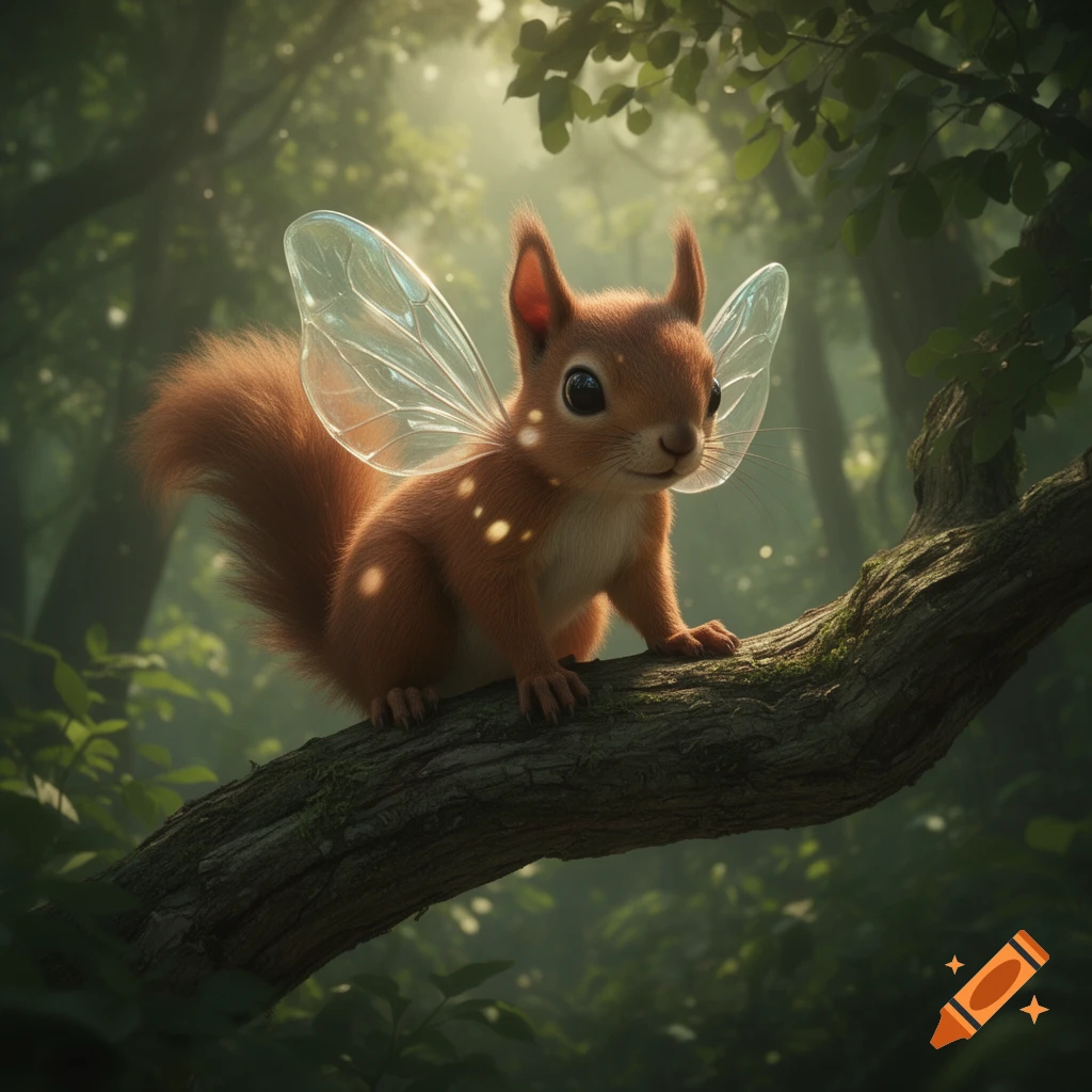 A cute, fluffy red squirrel with translucent fairy wings sits on a mossy tree branch in a magical, sun-dappled forest.