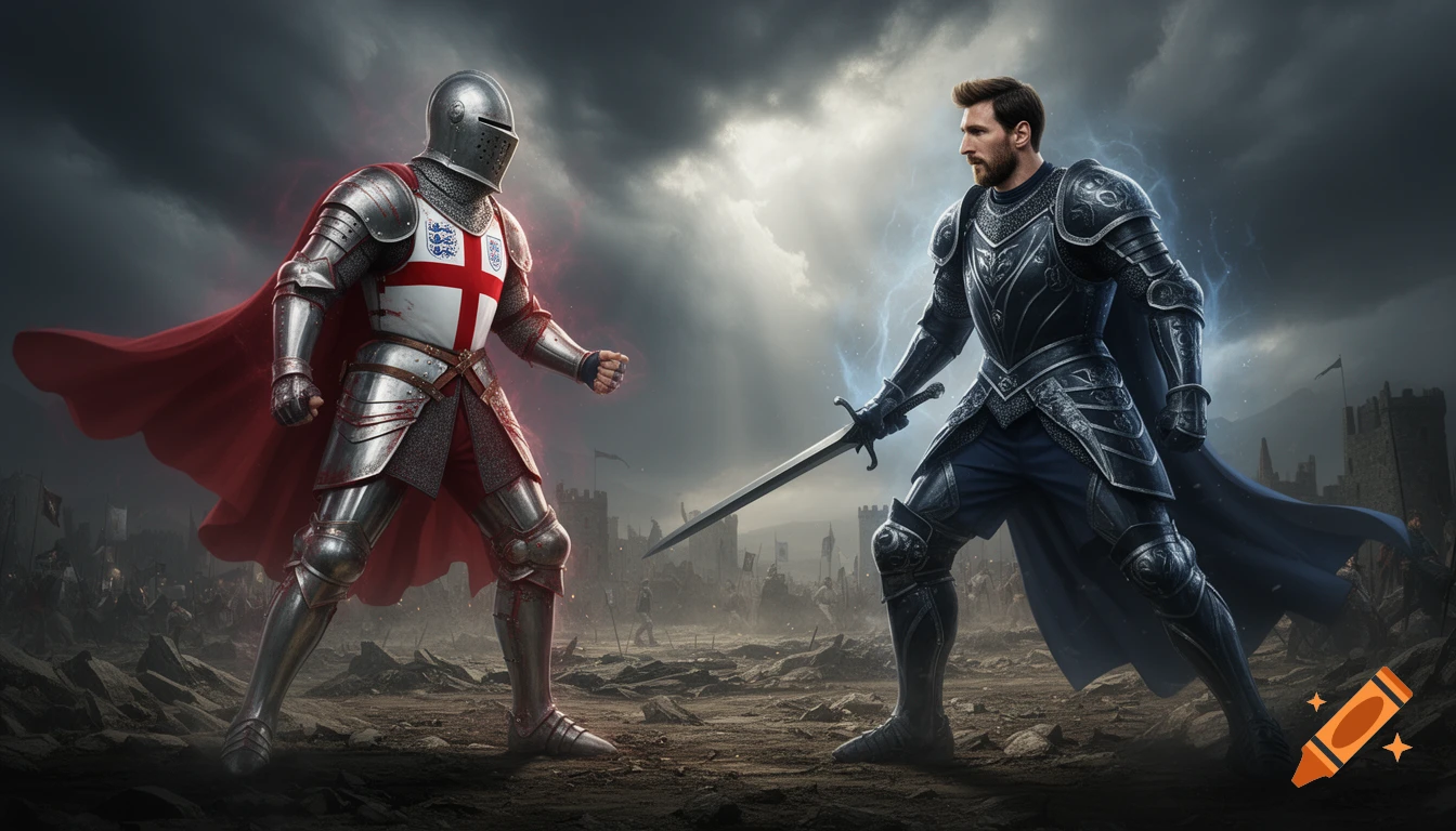 A knight in English flag armor faces off against Lionel Messi in dark fantasy armor, holding a sword, on a stormy battlefield with castle ruins.