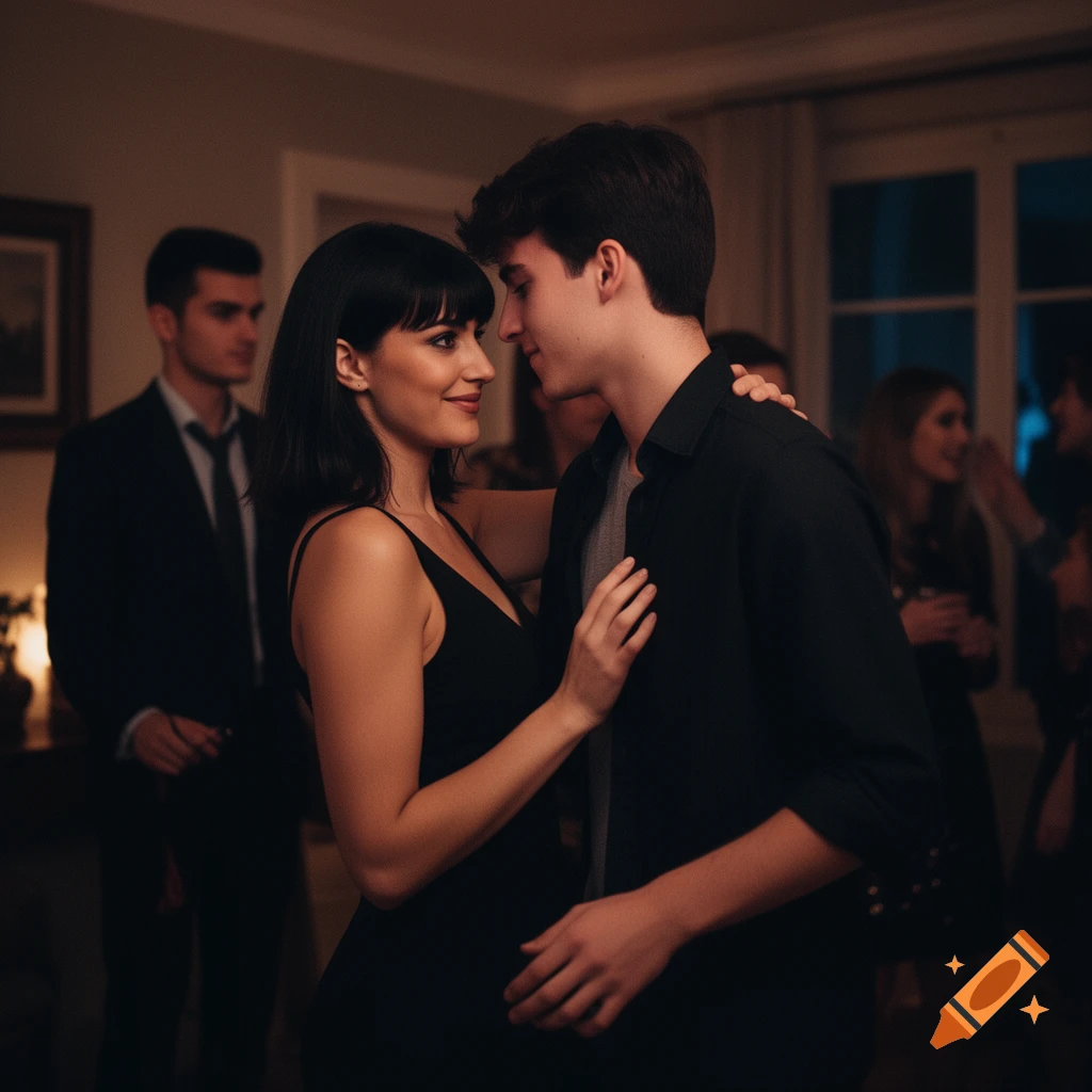 A young couple dances intimately at an indoor social gathering, looking into each other's eyes, with other guests blurred in the background.