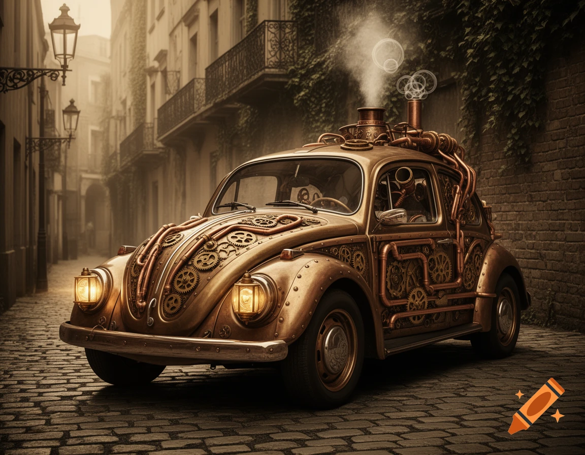 A detailed steampunk Volkswagen Beetle, adorned with gears and pipes, parked on a cobblestone street in a foggy, old-world alley.