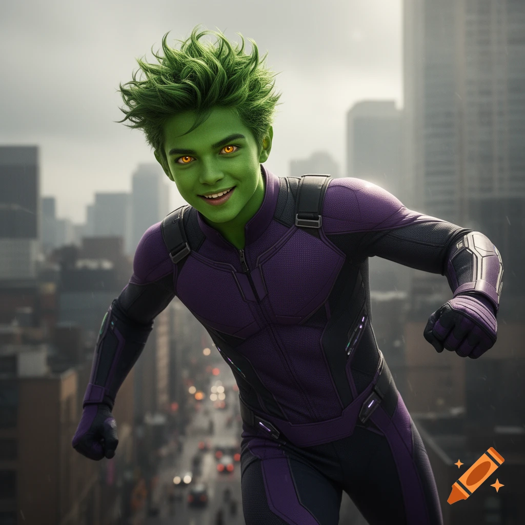 Photorealistic Beast Boy, a boy with green skin, spiky green hair, and orange eyes, smiling in a purple superhero suit above a city.
