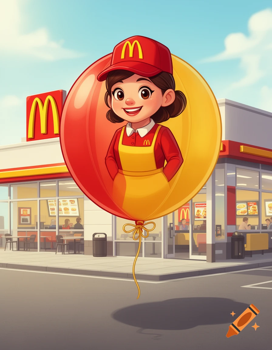A cartoon illustration of a McDonald's worker as a large red and yellow balloon floating in front of a McDonald's restaurant.