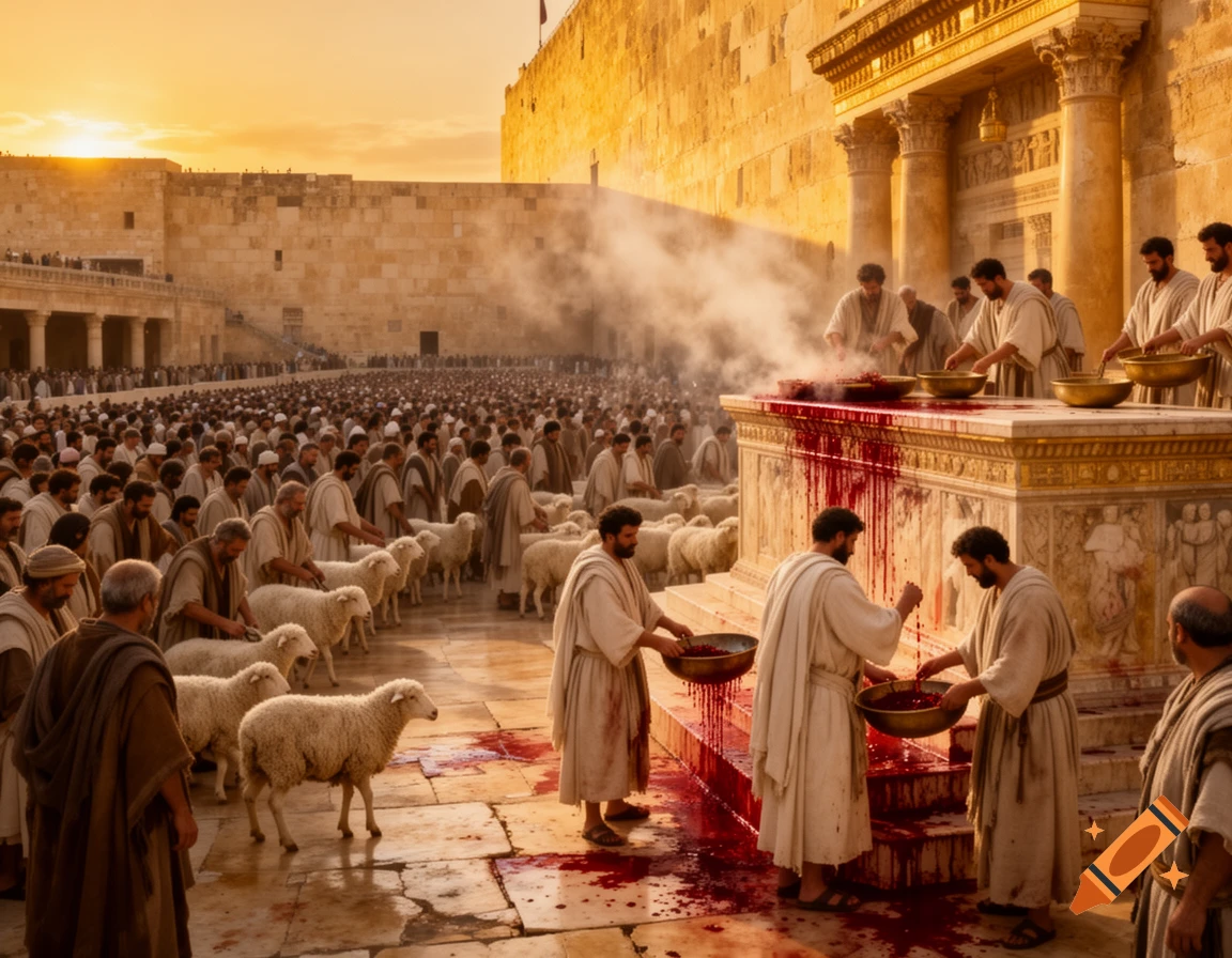Photorealistic depiction of an ancient sacrifice at Herod's Temple with priests, lambs, and flowing blood at sunset.
