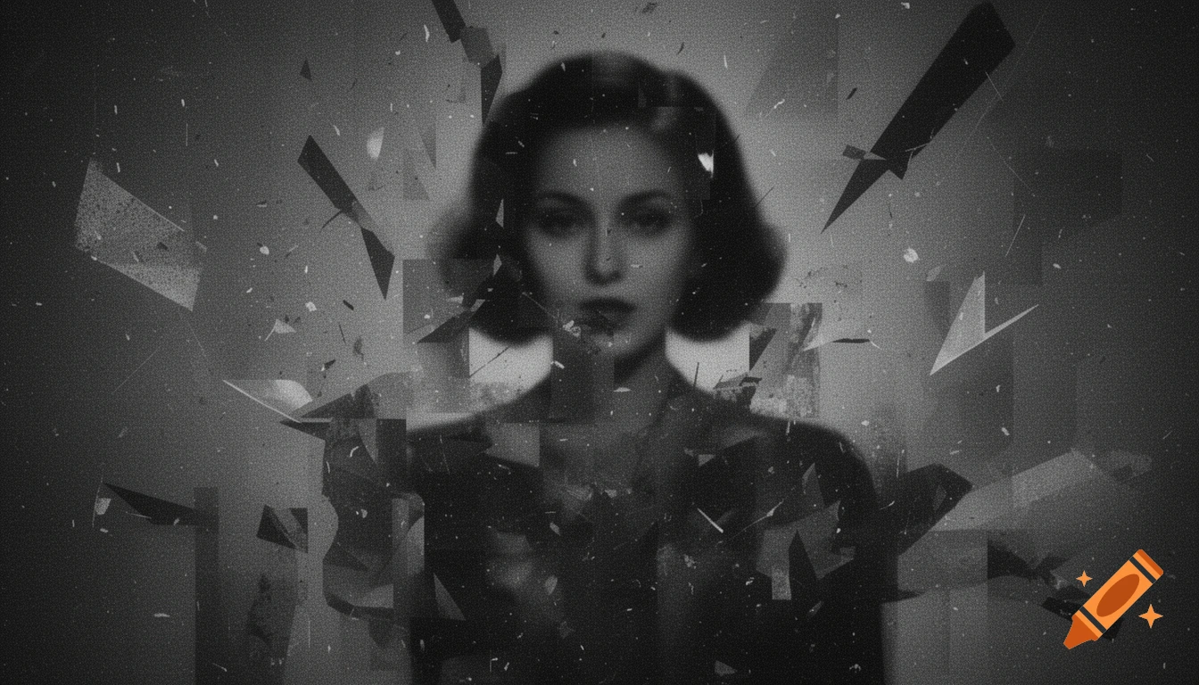 Monochrome, blurry, surrealistic portrait of a woman's face appearing through shattered glass or abstract shapes with noise and film grain.