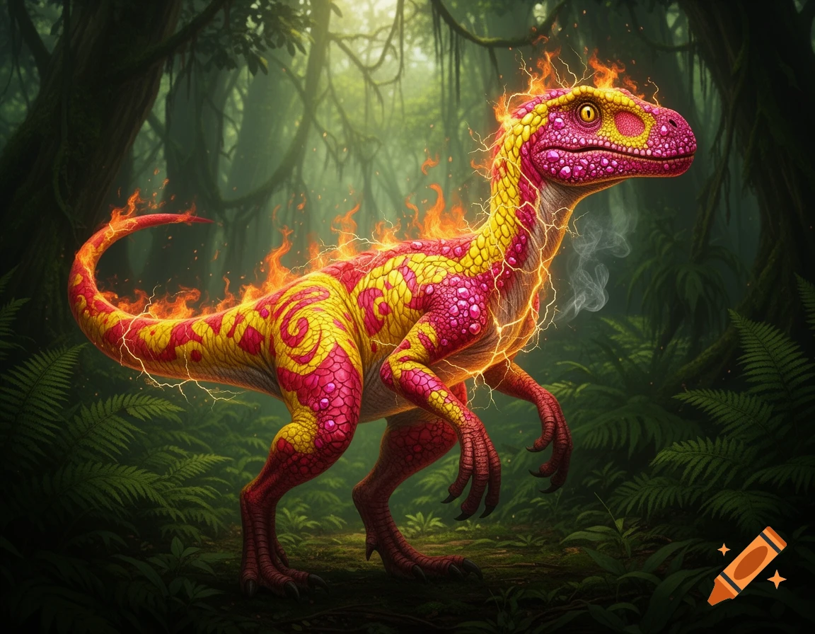 A vibrant pink and yellow dinosaur with red accents, fire, and electricity, standing in a lush jungle.