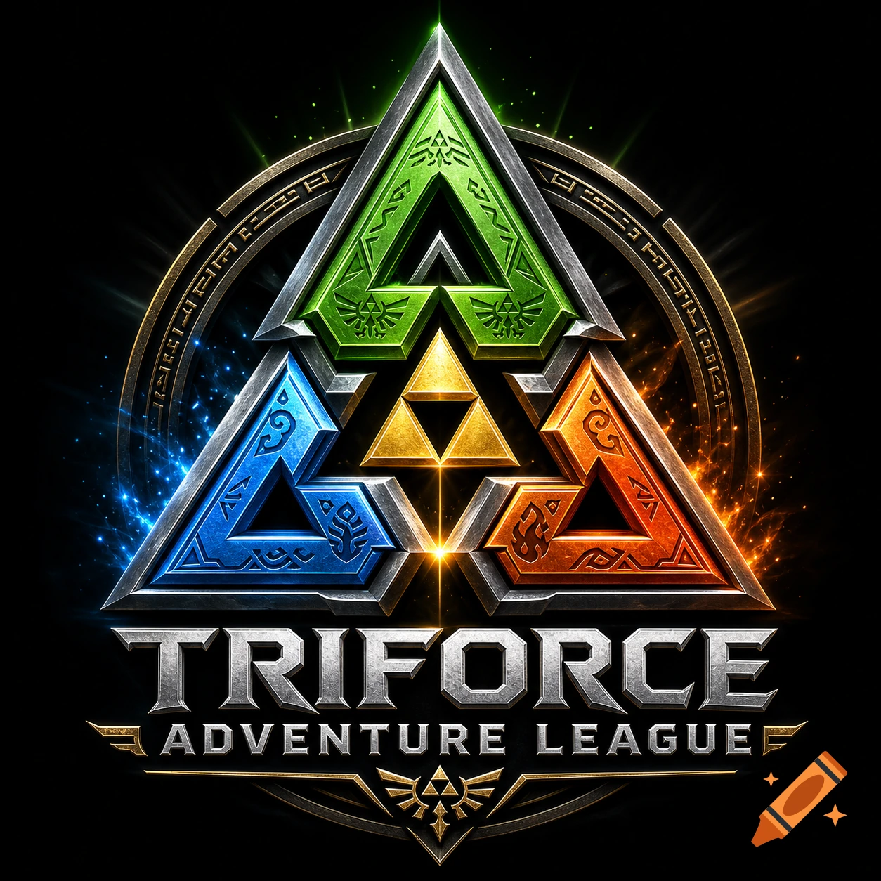 A metallic and glowing logo featuring a central Triforce symbol with three large triangular segments in green, blue, and orange, on a dark background. The text reads "TRIFORCE ADVENTURE LEAGUE" below the symbol.