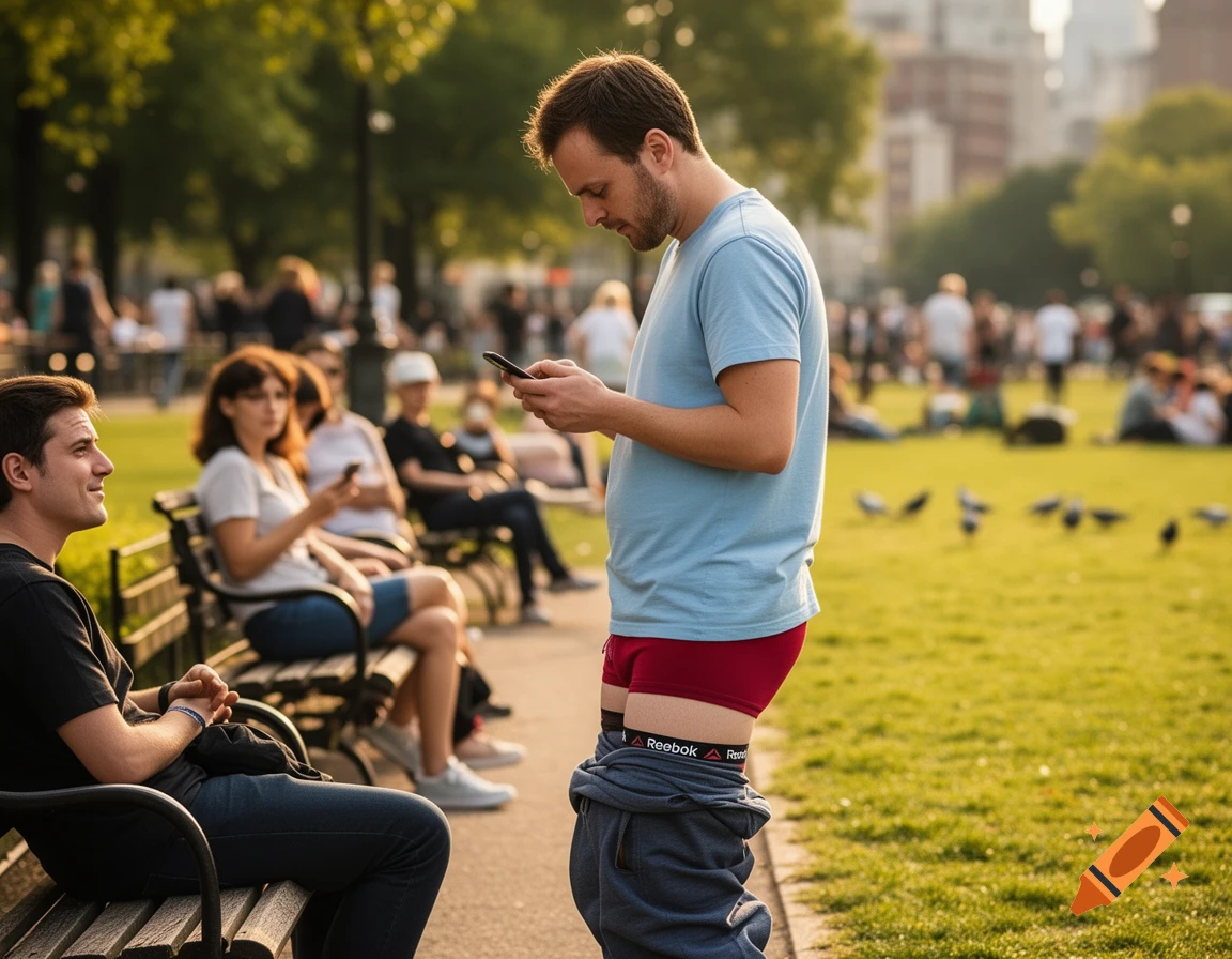 A man in a park looks at his phone, unaware his pants are down revealing red Reebok boxer briefs, with another man sitting on a bench nearby.