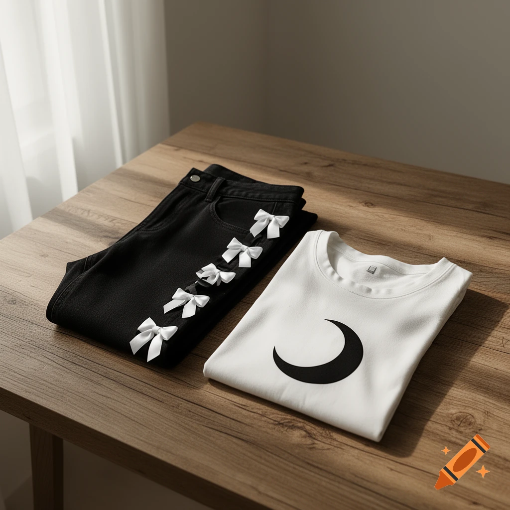 Black jeans with white bows and a white t-shirt with a black crescent moon lying on a wooden table.