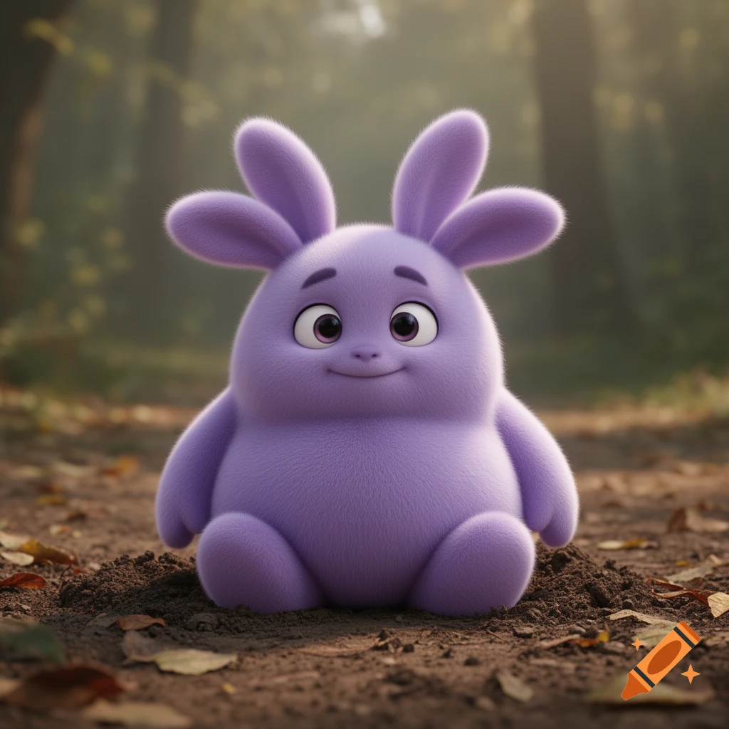 A fluffy, round, purple creature with big eyes and four ears sits on dirt in a forest.