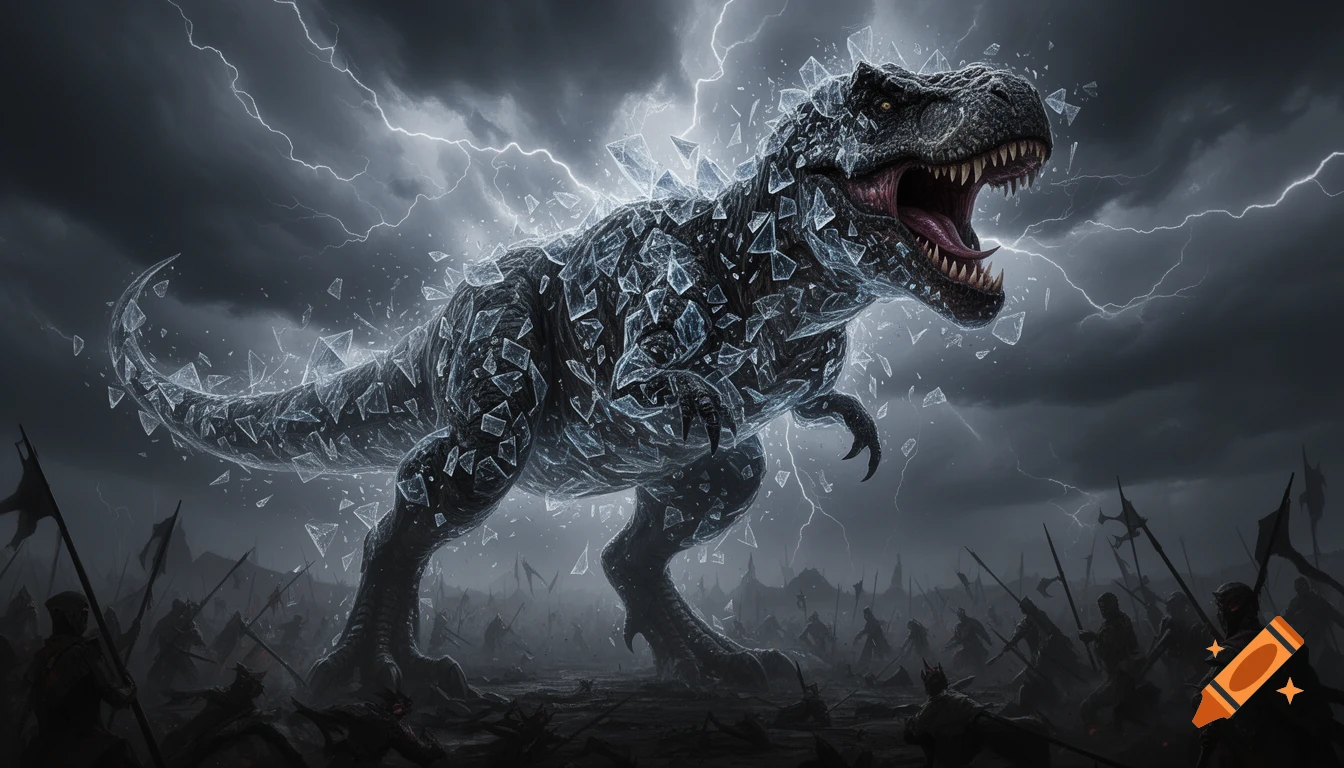 A colossal T-Rex with a body of obsidian scales and glowing glass shards roars on a storm-scarred battlefield under lightning, dark fantasy style.