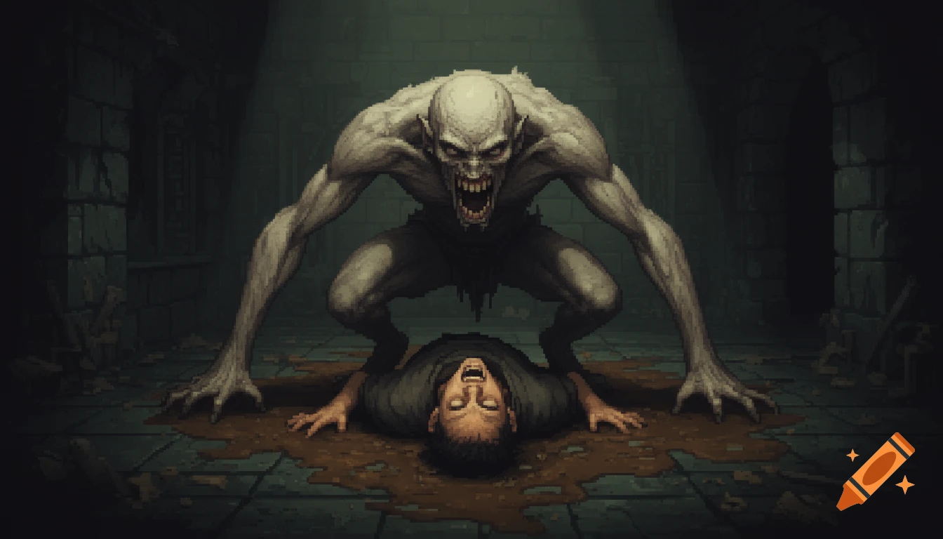 A grotesque, pale ghoul with sharp teeth lunges over a terrified person lying in mud on a dungeon floor, in pixel art style.