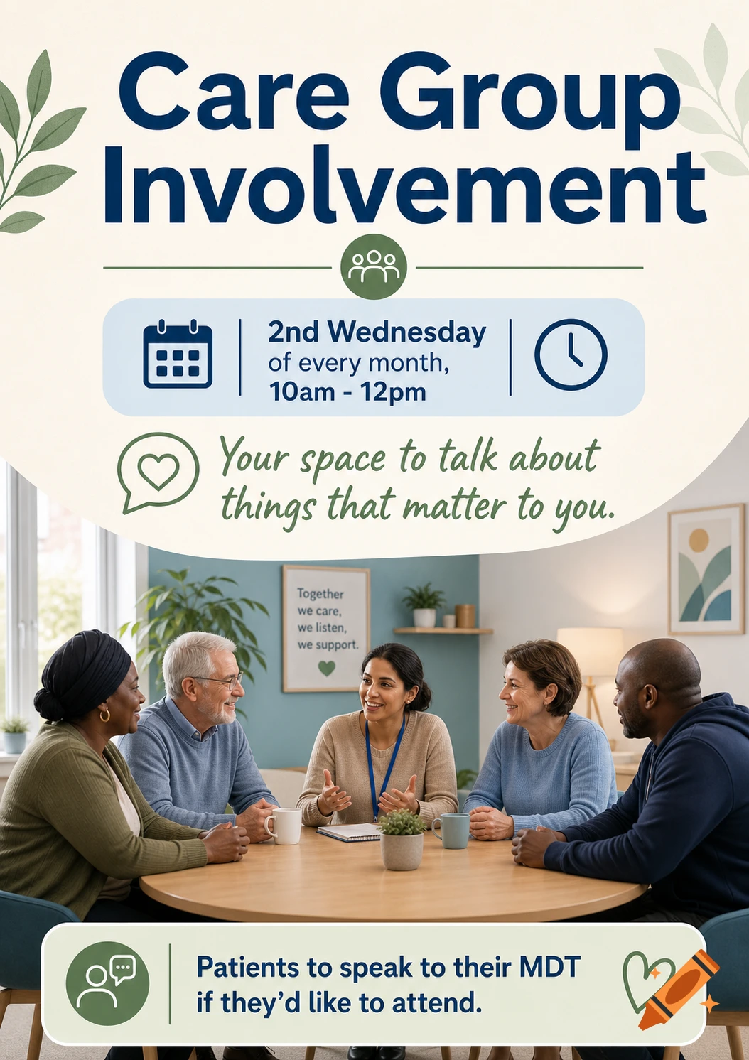 A poster for 'Care Group Involvement' with meeting details and a photo of five diverse adults talking around a table.