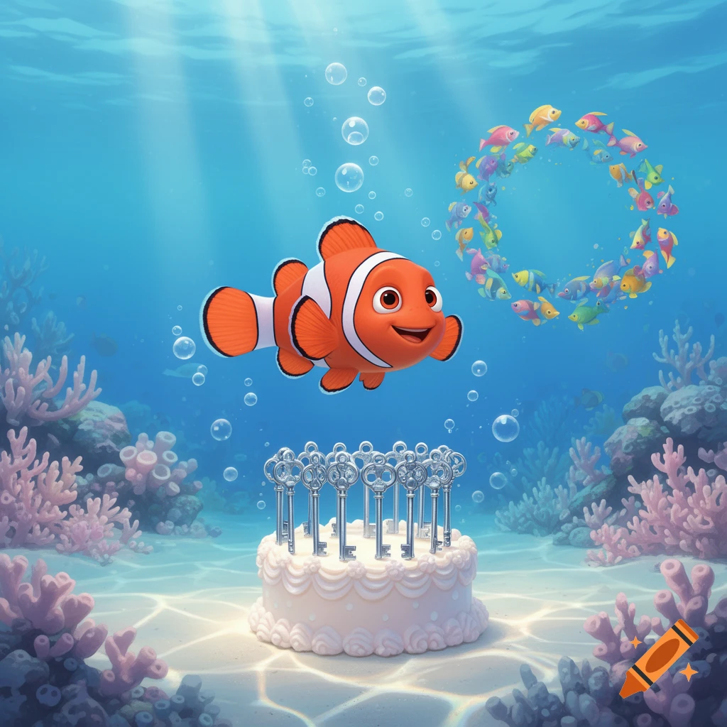 Vibrant cartoon clownfish swims above an underwater cake decorated with many silver keys, surrounded by coral and a circle of small colorful fish.
