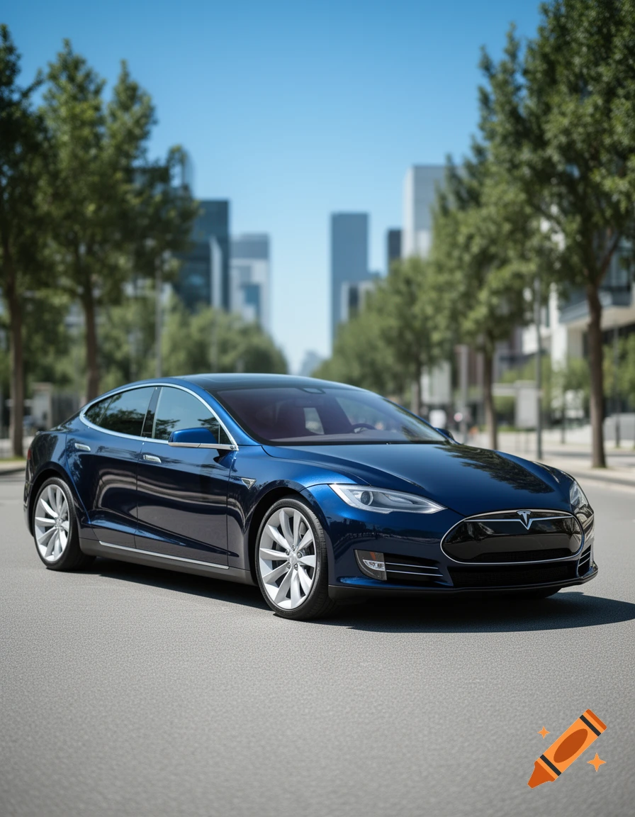 A dark blue Tesla Model S is parked on a city street with blurred buildings and trees in the background.